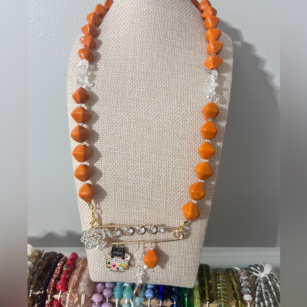 Orange Beaded Necklace with Cat Pendant